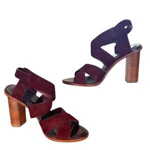 Joie Women's Strappy Suede Chunky High Heels Sandals -Oxblood-Size 6